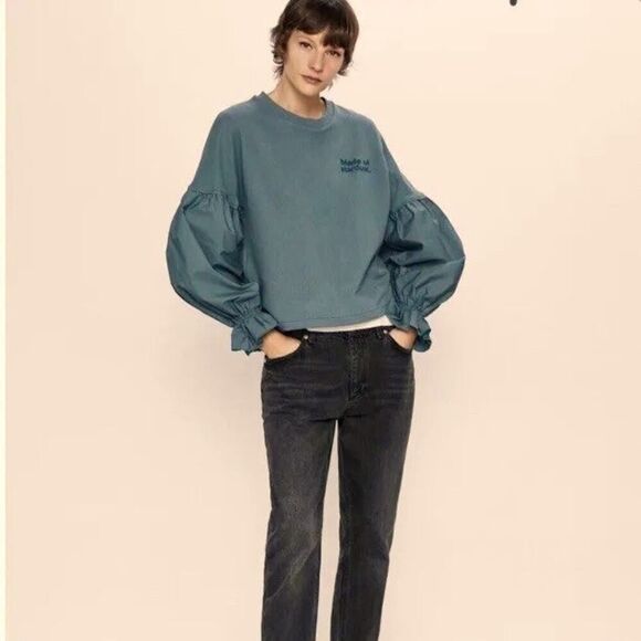 Zara puffed sleeve Made of Stardust teal blue combination sweatshirt NWOT M - Picture 2 of 13